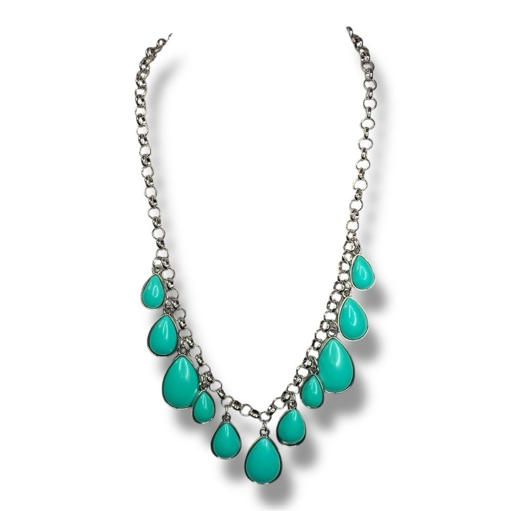 Silver Teal Chandelier Necklace 19” Length Boho Bohemian Statement